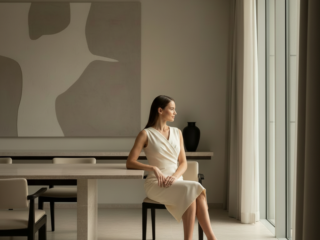 Ruhige Frau in elegantem Innenraum – Symbol für innere Sicherheit und Nervensystem-Regulation