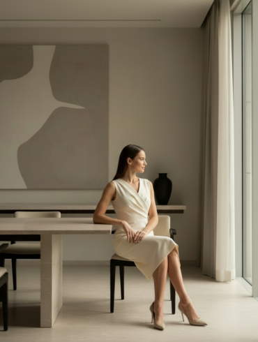 Ruhige Frau in elegantem Innenraum – Symbol für innere Sicherheit und Nervensystem-Regulation