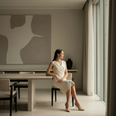 Ruhige Frau in elegantem Innenraum – Symbol für innere Sicherheit und Nervensystem-Regulation