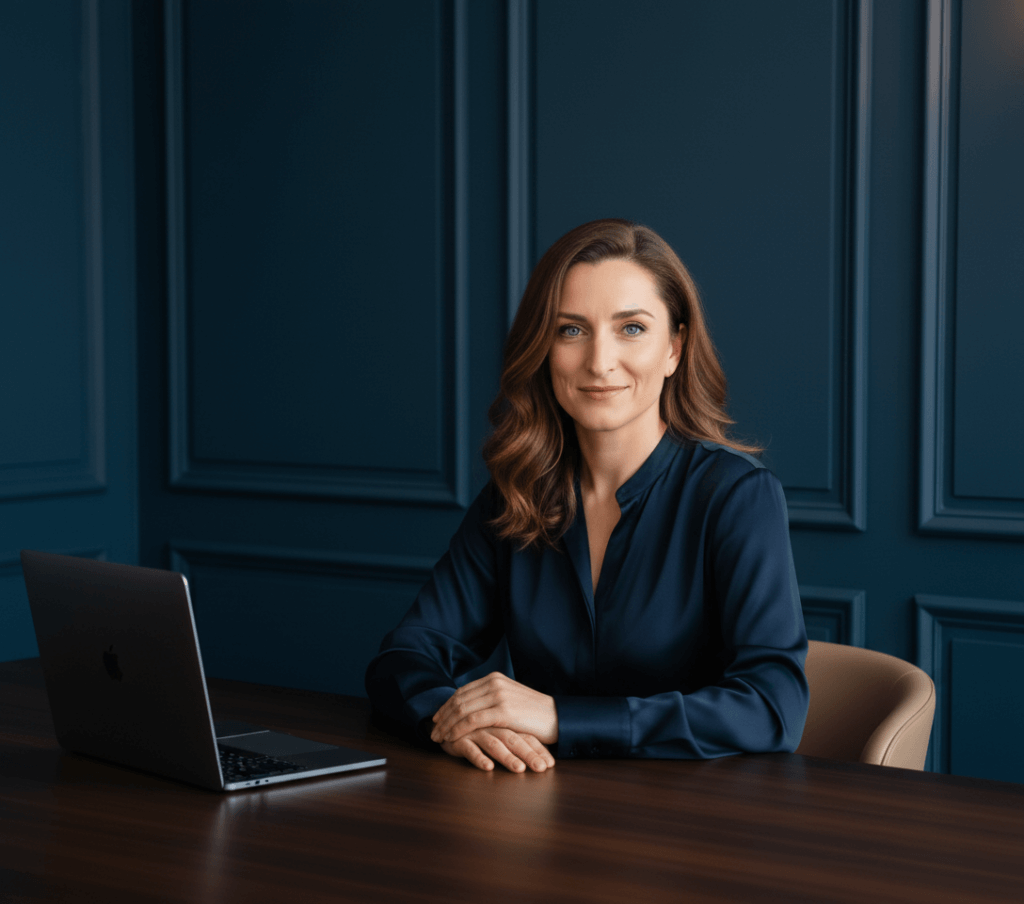 Anne Hagenow vor dunkler Wand in ihrem Büro